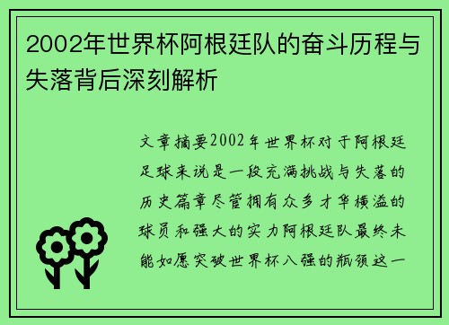 2002年世界杯阿根廷队的奋斗历程与失落背后深刻解析