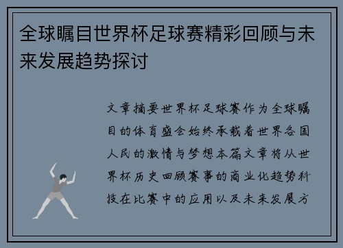全球瞩目世界杯足球赛精彩回顾与未来发展趋势探讨